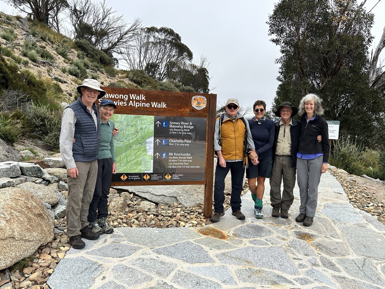 Walkers at the Snowies Alpine Walk sign at Charlotte Pass