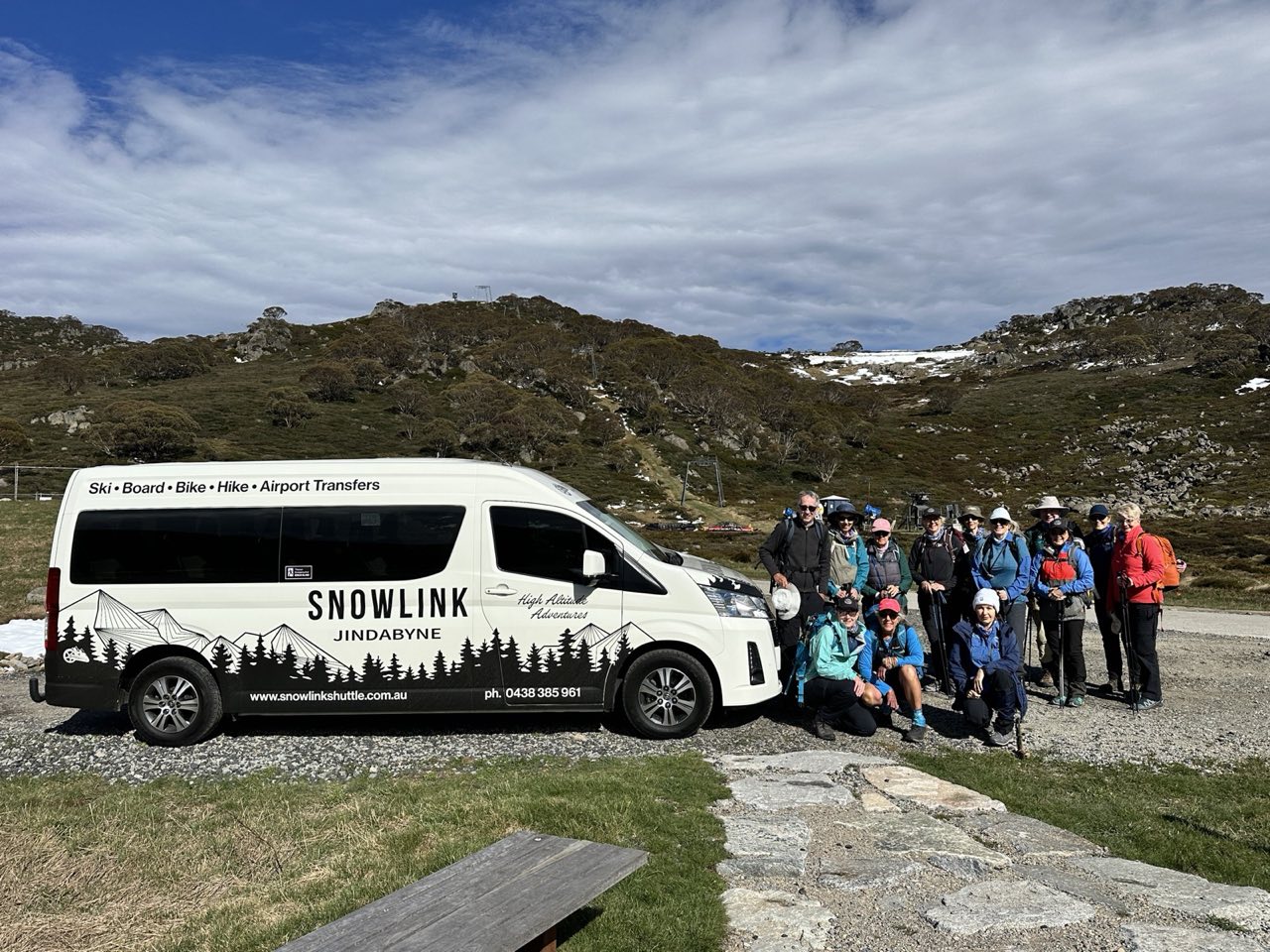 Kosciuszko walkers with the Snowlink HiAce at Charlotte Pass